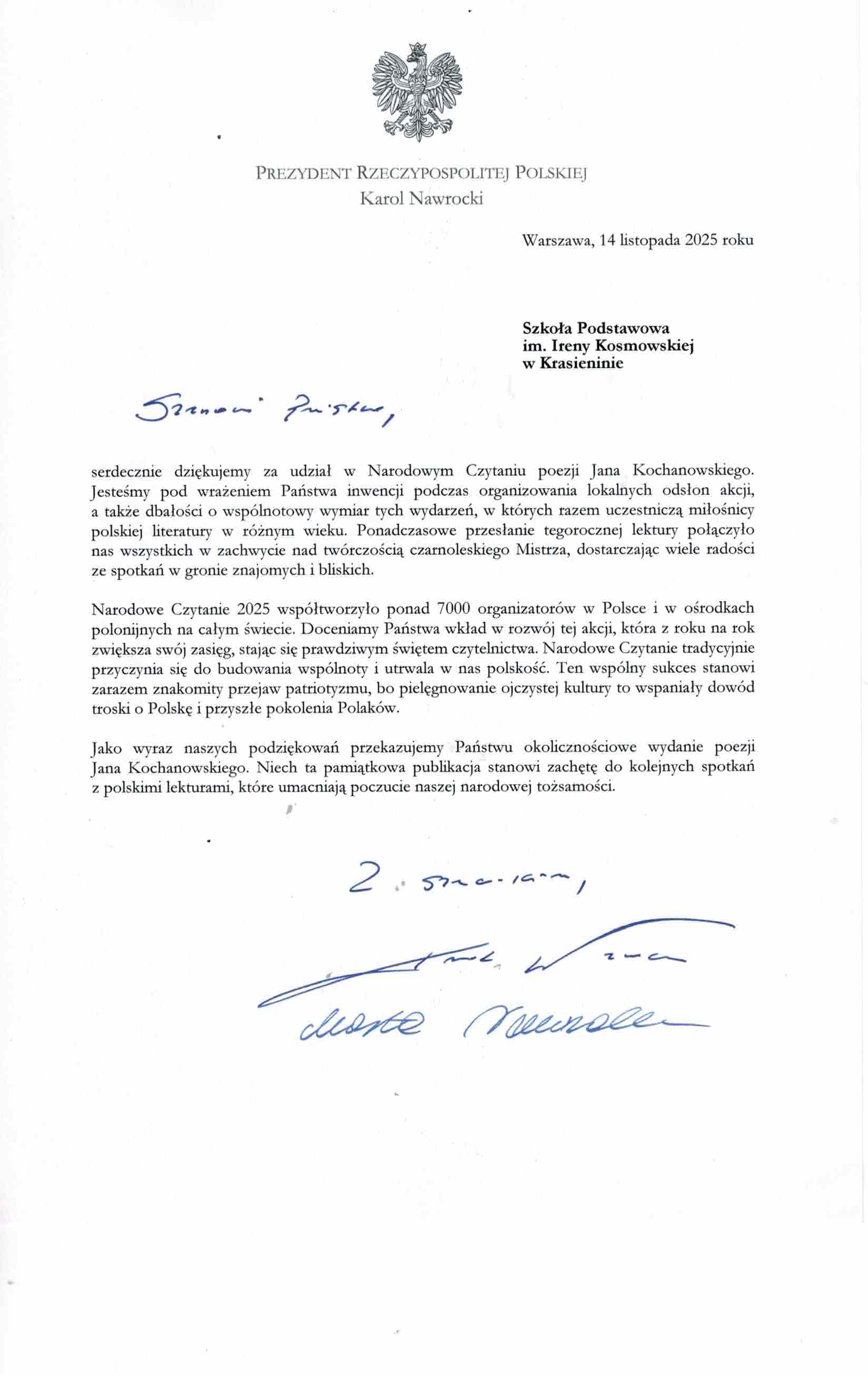 Podziękowanie za udział w akcji Narodowe czytanie 2025