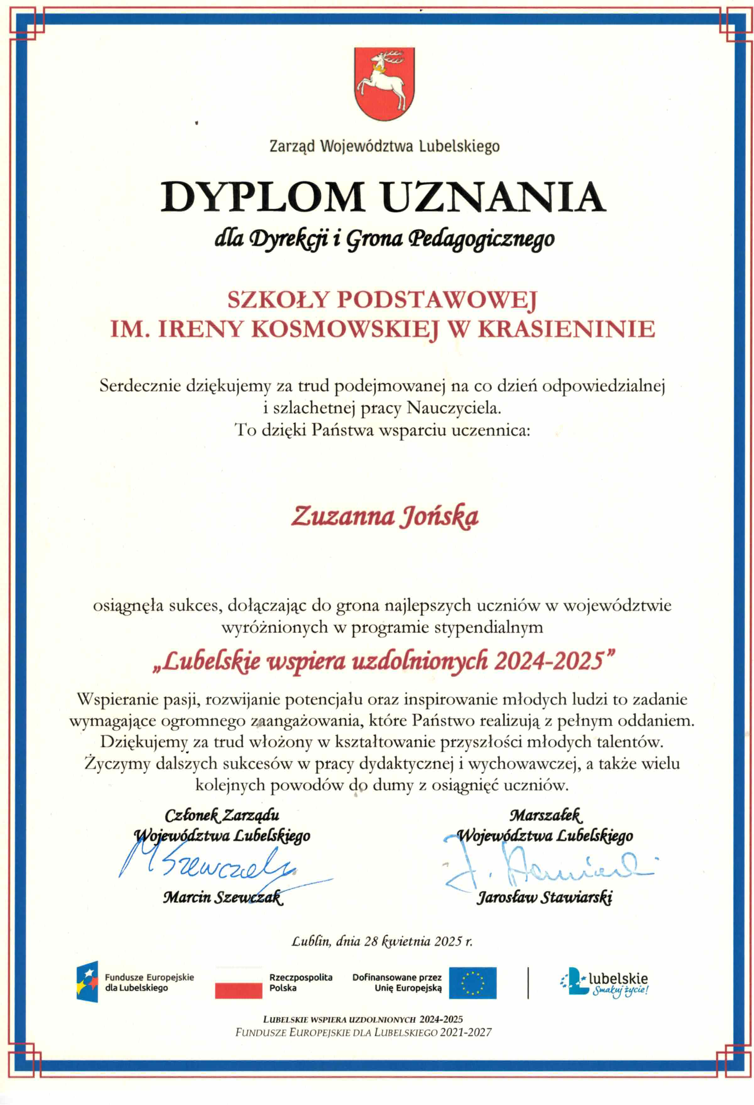Dyplom uznania dla Rady Pedagogicznej